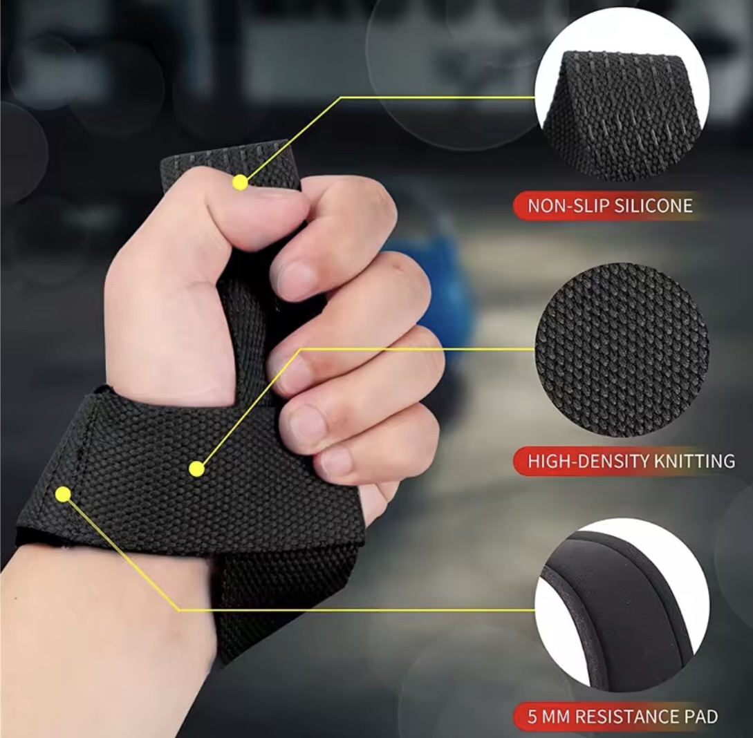 Straps de agarre DropSet Gym para mejorar el agarre y evitar el deslizamiento en levantamientos pesados.